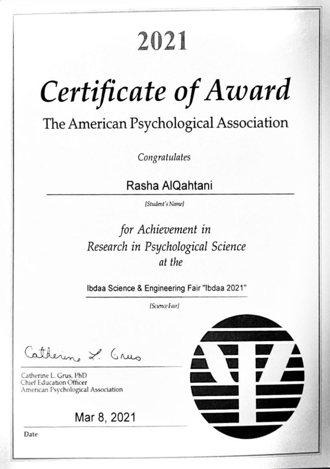 The American Psychological Association Certificate of Award — 2021